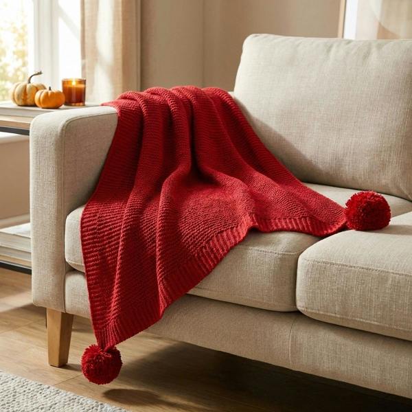 Garden Greatness Red Soft Chenille Knit Pom-Pom Throw