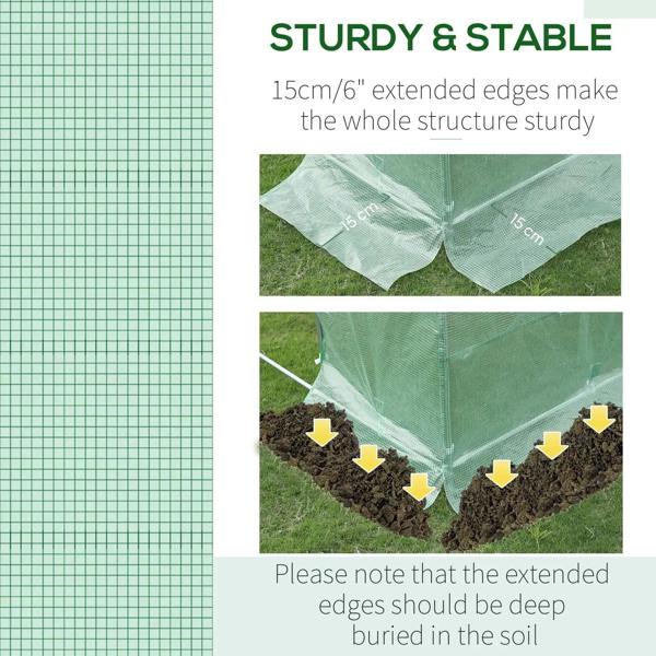 Green PE greenhouse cover with reinforced grid fabric and extended edge for stability