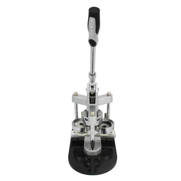 Heavy-duty badge maker with a sleek silver and black design, featuring a sturdy handle and dual circular molds for creating custom badges