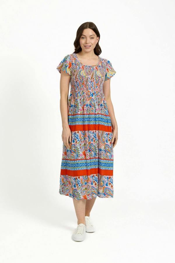 Mudflower Paisley Border Print Shirred Bodice Midi Dress