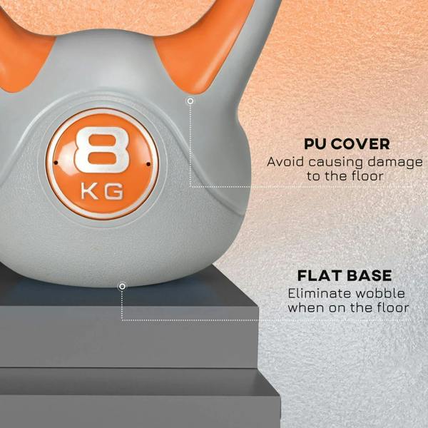 Orange-and-grey kettlebell features flat base and PU-style cover on bottom