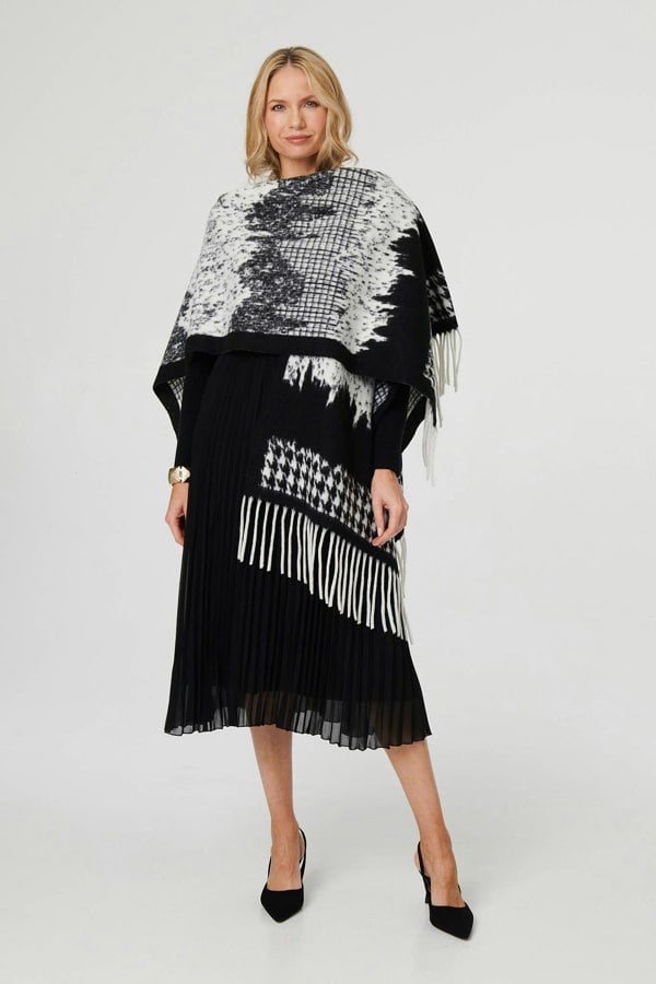 Black | Scarf Printed Fringed Oversized Poncho
