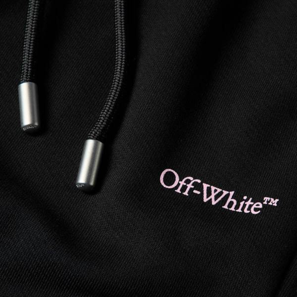 Supplied Fashion Off-White fleece sweatpants featuring black drawstring cords with silver metal tips and logo detail