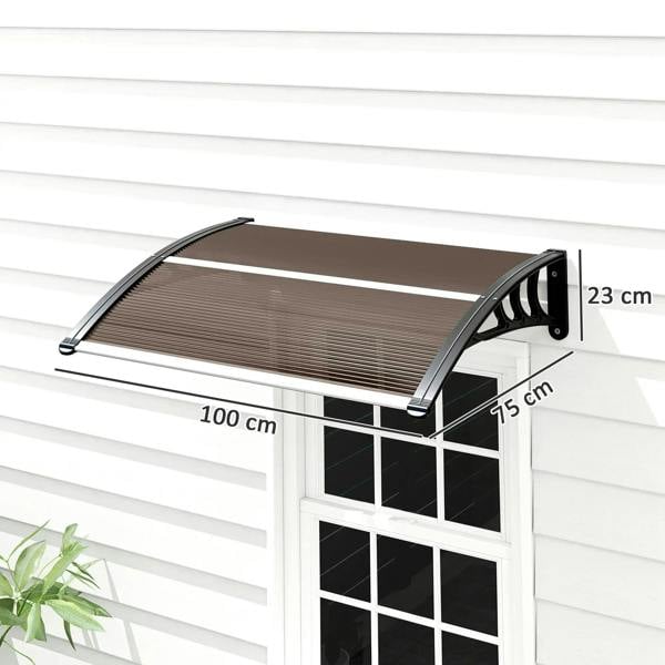 Brown rigid canopy awning with black supports, arched over a white doorway window