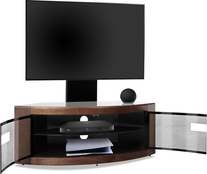 Centurion Supports PANGEA Black/Walnut Beam-Thru Curved True-Corner 32"-50" TV Cabinet with Mounting Arm