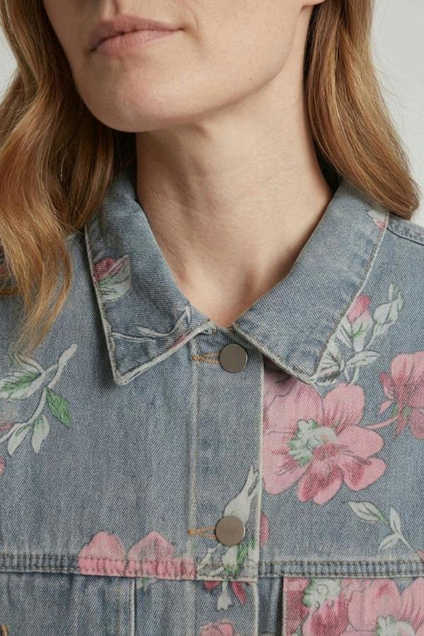 Blue | Floral Print Boxy Denim Jacket

