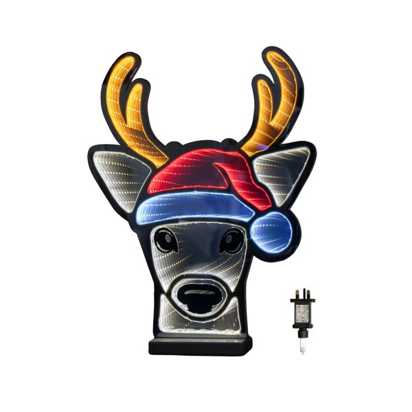 Samuel Alexander 40cm Light up Christmas Deer Head in Santa Hat Infinity Decoration with LEDs