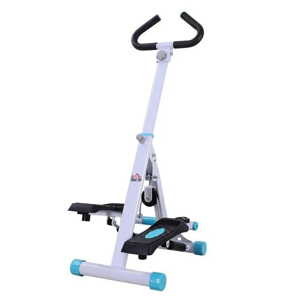 White compact stepper machine with curved handlebar and blue foot supports