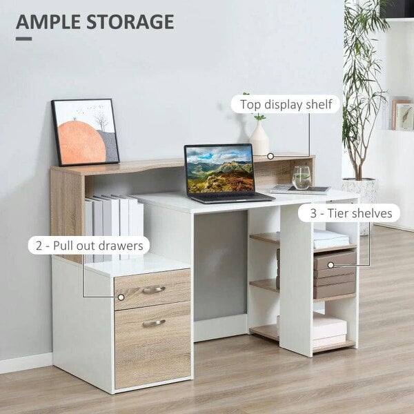 Bobobiy Computer Desk with Drawers and Storage Shelves, Office Desk Writing Table with Printer Stand, 137 x 55 x 92cm, Oak