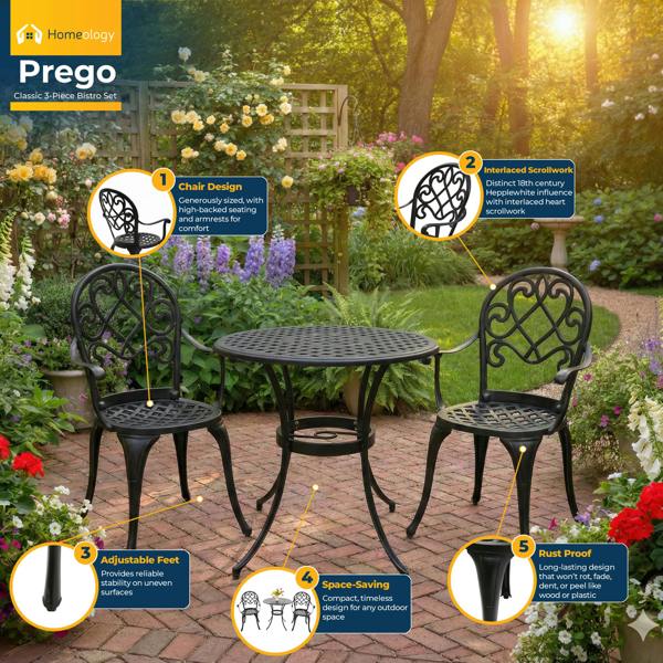 Homeology PREGO Garden and Patio Table and 2 Large Chairs with Armrests Cast Aluminium Bistro Set - Black