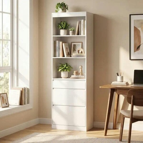 Bookcase with Drawers Adjustable Shelves Book Shelf for Study Living Room White - White