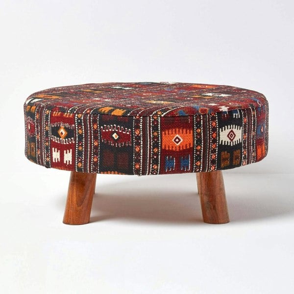 HOMESCAPES Flat Kilim Footstool with Legs - 62 x 62 x 30 cm