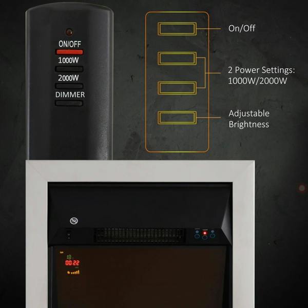 Electric fireplace control panel with on/off, power settings, and adjustable brightness indicators