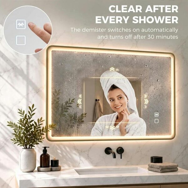 Bathroom Mirror with LED Lights, 100x70cm Rectangle Bathroom Mirror, Dimmable, Bluetooth, Anti-Fog, Gold Tone