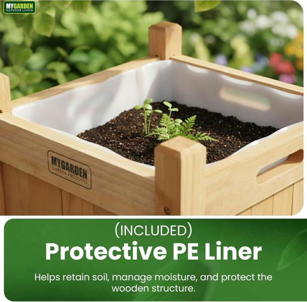 My Garden Outdoor Living My Garden Planter with Storage Shelf & PE Liner – 50 x 50 x 85cm Free Standing Square Wooden Planter for Indoor & Outdoor