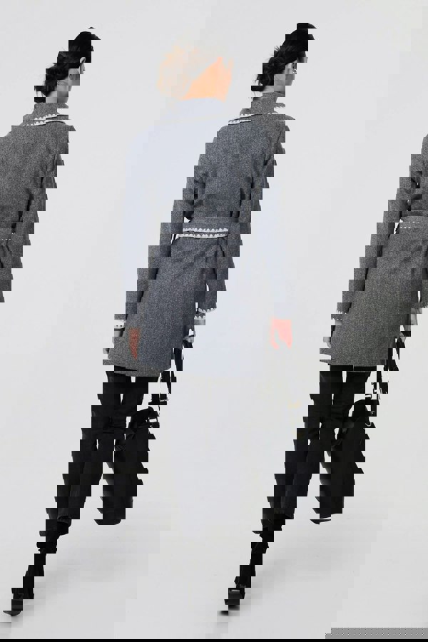 Grey | Blanket Stitch Coat with Belt