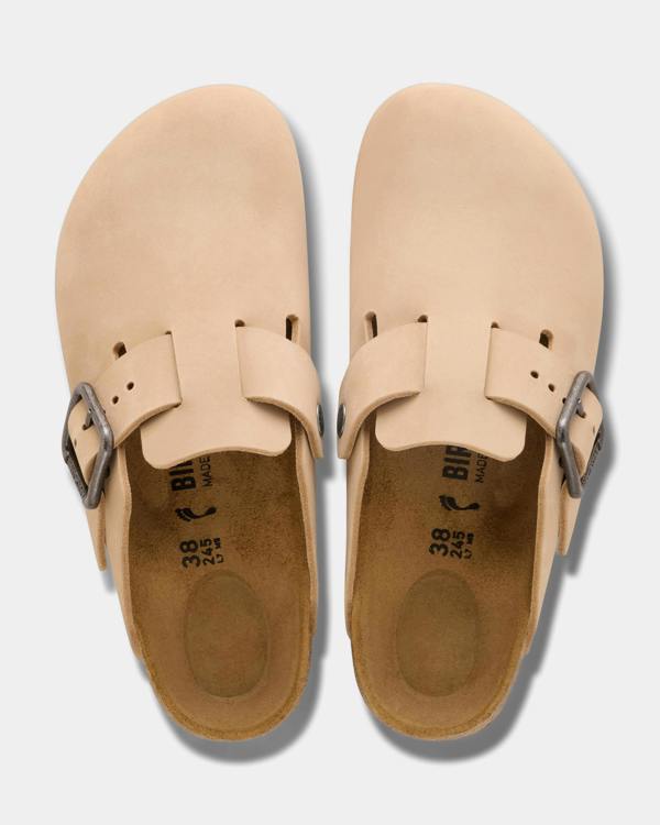 Birkenstock Boston Wire Buckle Nubuck Leather Womens Clogs - Sandcastle | CHO | Designer Womens Clogs