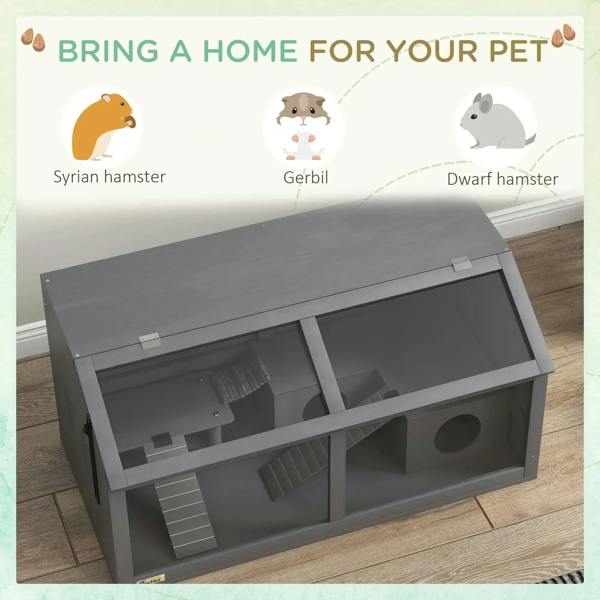 Charcoal grey wooden small animal cage with openable top and interior platforms