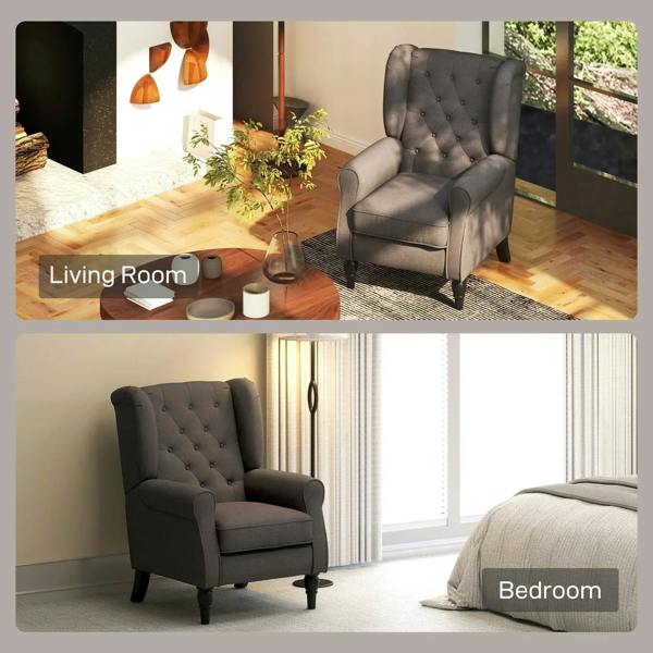 Brown tufted wingback accent chair shown in a living room and bedroom setting