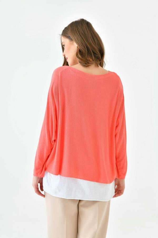 Hoxton Gal Oversized Long Sleeve Layered Blouse With Necklace in Coral and White