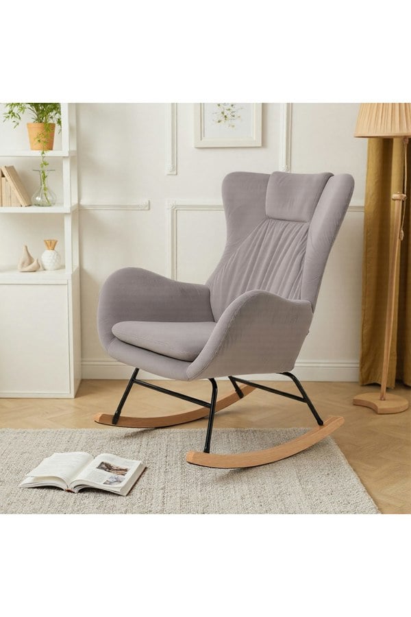 Living and Home Light Grey Velvet Upholstered Rocking Chair
