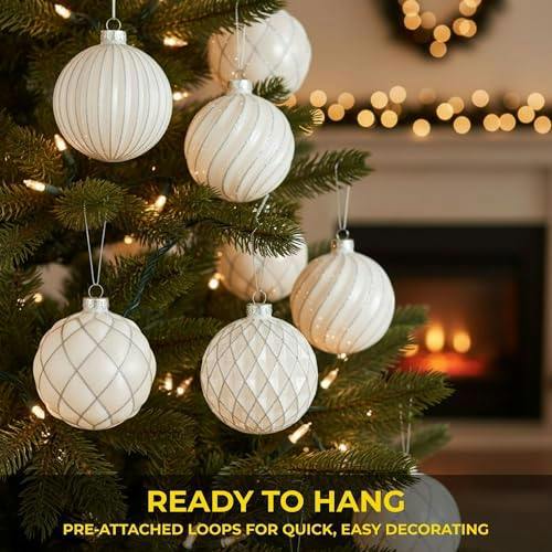 8cm White Glass Christmas Baubles 12 Pack with 6 Festive Designs image 4