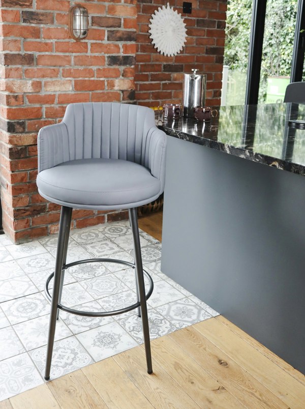 MMT Furniture Designs MMT Bar Stools Set of 2, Retro Swivel Design, PU Leather in Tan or Grey with Footrest