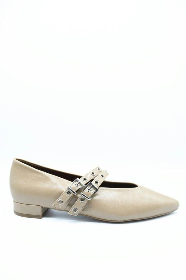 Caryn Low Heel Double Buckle Eyelet Strap Pointed Flat Shoes - Khaki