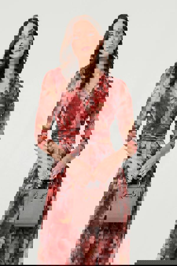 Rust | Floral 3/4 Sleeve Mesh Midi Wrap Dress