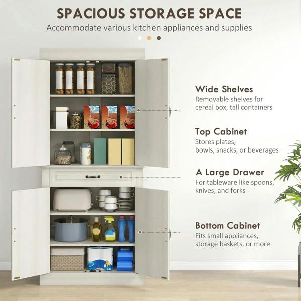 White kitchen cupboard with wide open shelving and a front drawer for storage
