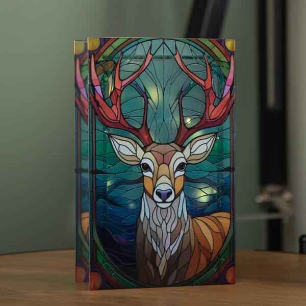 Samuel Alexander 21cm Battery Operated Light up Stained Glass Christmas Decoration with Stag Scene & Warm White LEDs