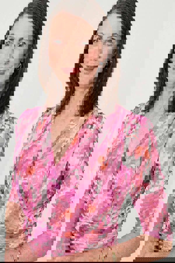 Pink | Printed Mesh Layer Pleat Wrap Midi Dress