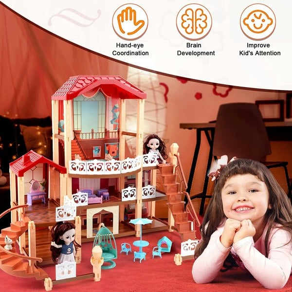 deAO Toys Dream Dolls House Playset for Kids 3-Story Castle Dollhouse 2 Dolls Toy Figures 14 PCs Furniture Accessories Multiple Assembly Toy Gift