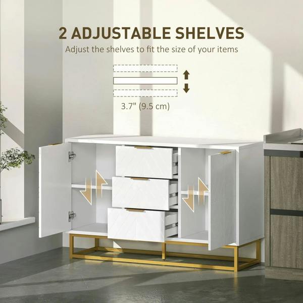 White sideboard cabinet open to show adjustable shelves and drawer section, gold supports.