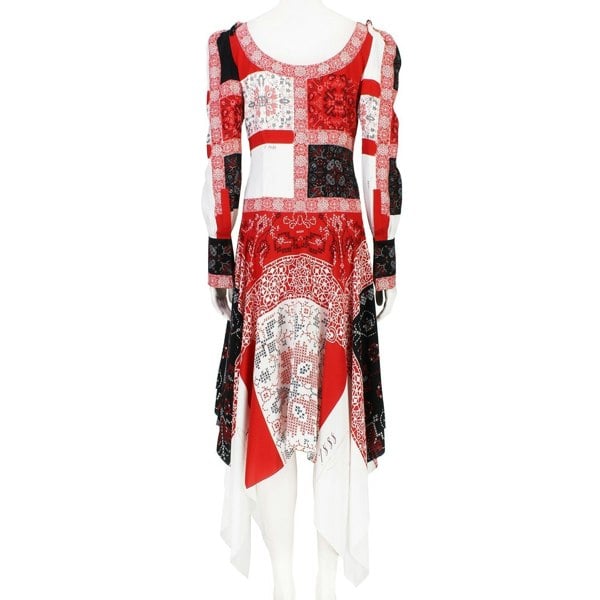 Alexander McQueen patchwork patterned dress in red, black and white with scoop  neckline and trapeze hemline