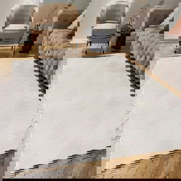 Living Room rug, cream colours, geometric, practicality in mind, the rug is anti-allergic.