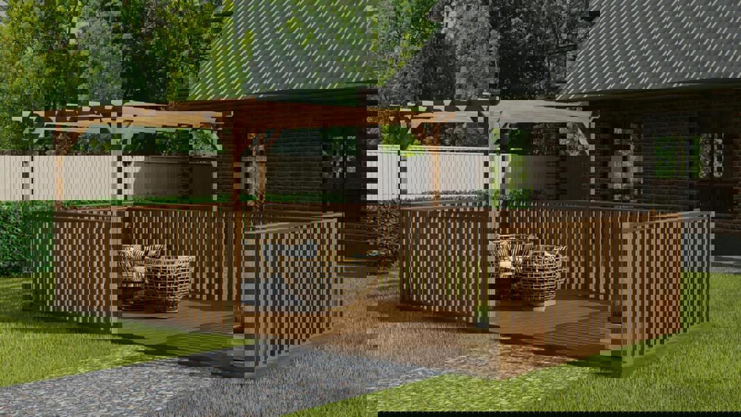 Rectangular pergola and decking kit with balustrade, made from pressure treated timber and high quality pergola posts, featuring a raised wooden deck, vertical slatted balustrade, and an open pergola roof frame.