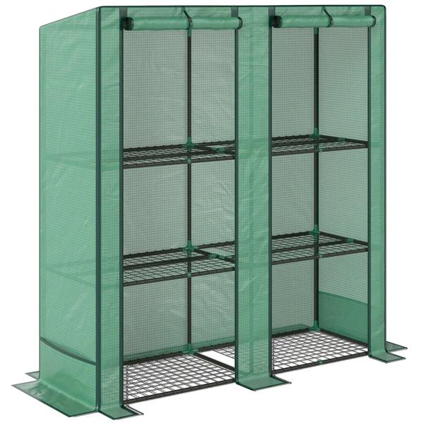 Three-tier mini greenhouse with green mesh panels and three interior shelf levels