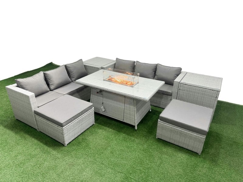 Fimous 8 Seat PE Rattan Lounge Sofa Set Outdoor Garden Furniture Set with Fire Pit Dining Table 3 Seater Sofa 2 Stools 2 Side Tables Light Grey