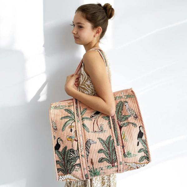 Hayley & Co Jungle Print Large Quilted Cotton Tote Shoulder Bag in Peach