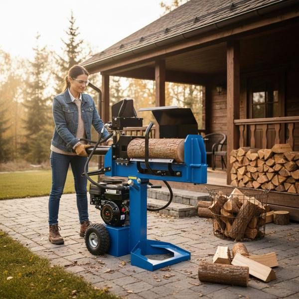15T Log Splitter in blue, operated by a woman outdoors, splitting a log beside a wooden cabin and stacked firewood