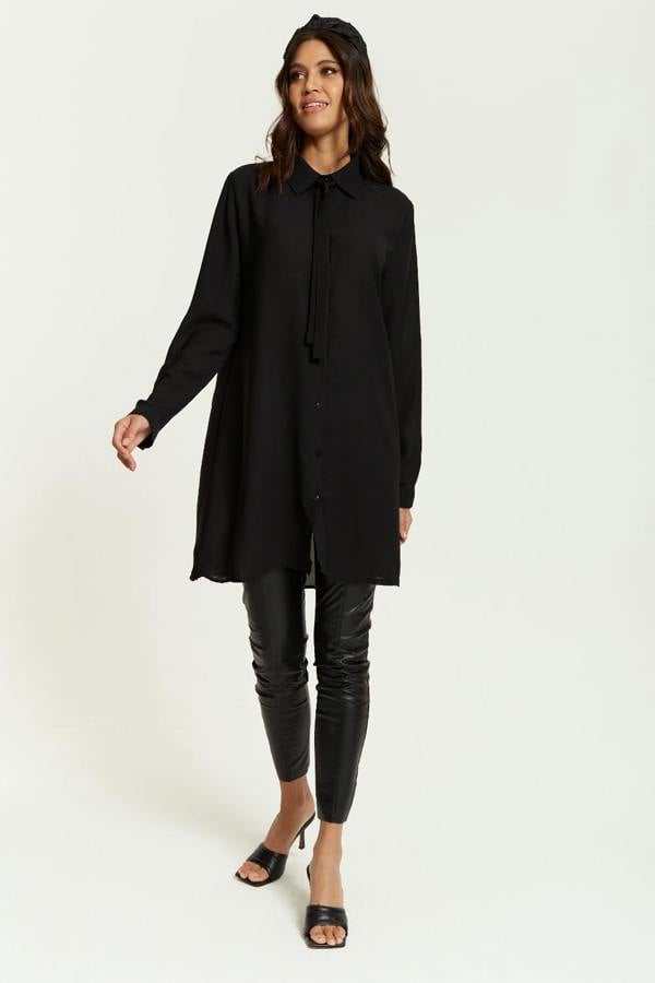 Hoxton Gal Oversized Tie Detailed Shirt Tunic with Long Sleeves in Black