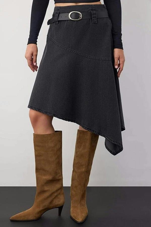 WOVCOR Belted Asymmetrical Midi Denim Skirt