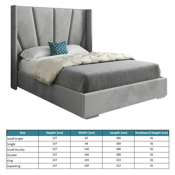 Casa Magna Bellini Wide Curved Winged Upholstered Soft Velvet Bed Frame - Grey