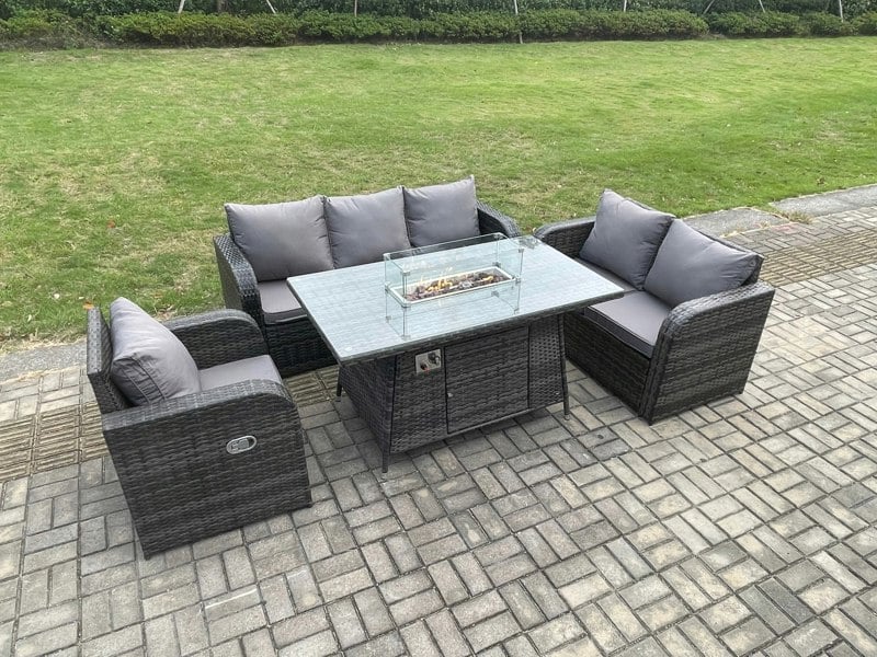 Fimous Rattan Garden Furniture Set with Fire Pit Table 6 Seater Outdoor Lounge Sofa Set Dark Grey Mixed