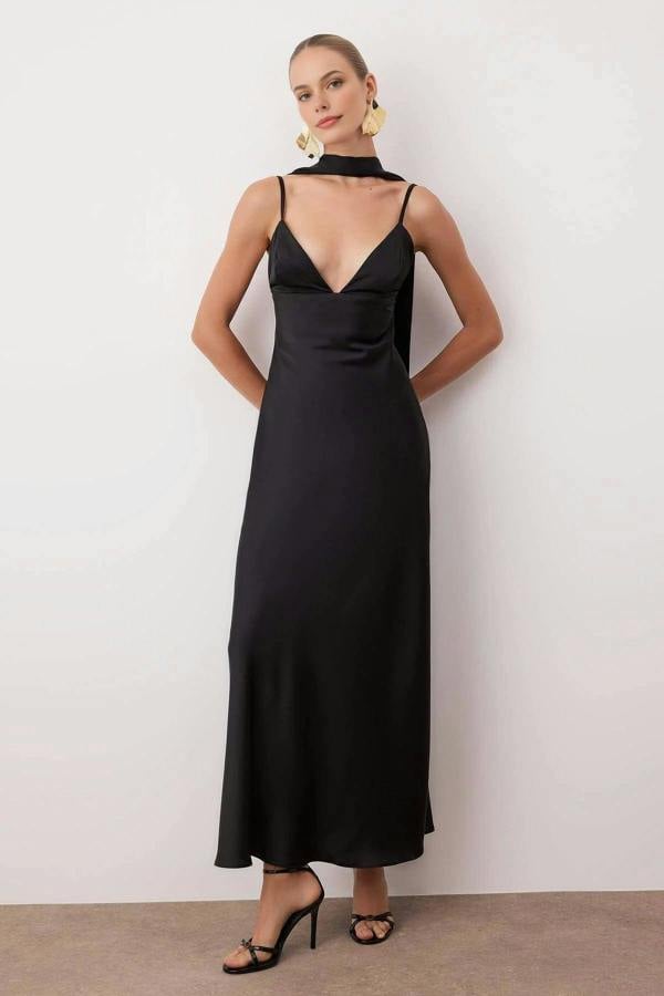 Hoxton Gal Maxi Satin Evening Dress with Shawl Detail