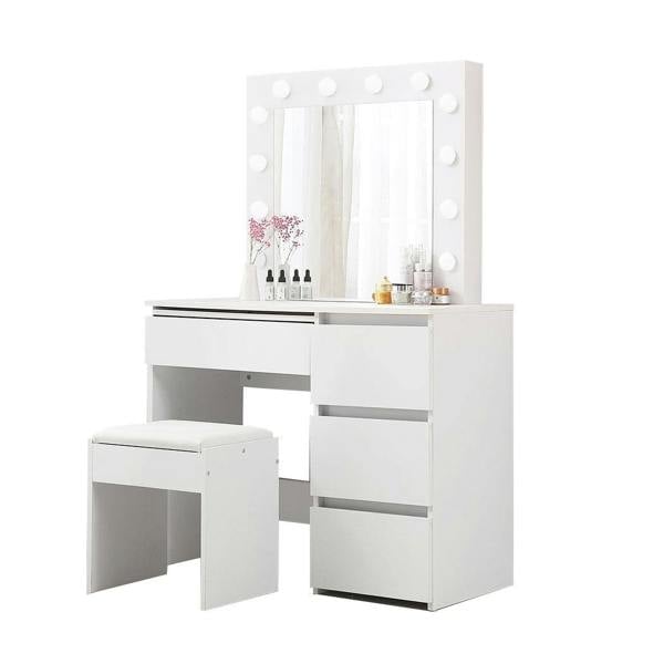 Levede Vanity Makeup Dressing Table White with Led  Light Mirror Drawer PU Stool