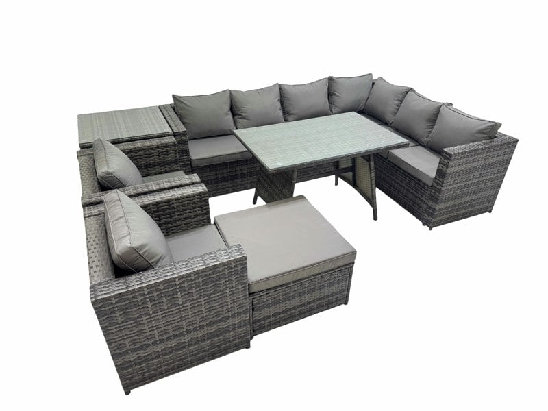 Fimous Rattan garden furniture Patio Furniture Sets with Dining Table Big Stool Side Table Dark Grey Mixed