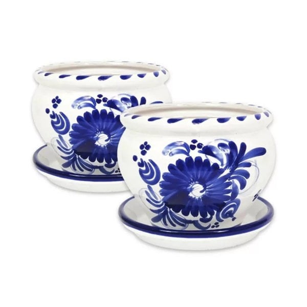 Verano-Ceramics-Blue-Foral-Bola-Plant-Pots-with-Drainage-Plates