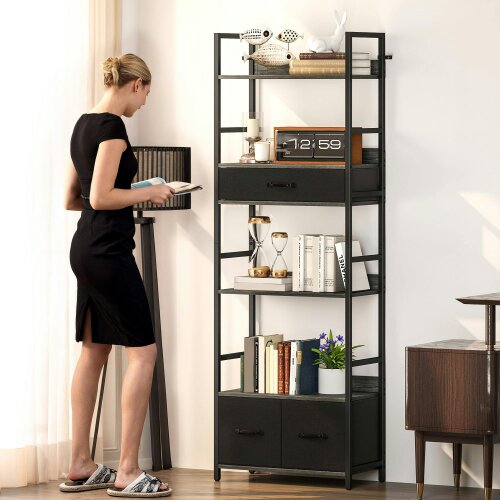 Wyld Haus Laro Metal And Wood Grey And Black Industrial Bookcase With 4 Shelves And Fabric Drawers